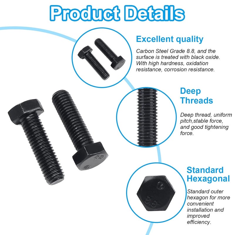 Yinpecly M8 Hex Bolts, M8-1.25 x 30mm Hex Head Bolts, Carbon Steel Grade 8.8, Black Oxide Finish, Full Thread,Metric Hexagon Head Bolts Right Hand External Hex Drive, 20 PCS - Image 3